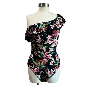 Carmen Marc Valvo One Shoulder Ruffle Swimsuit 12 Floral‎ One Piece Chic